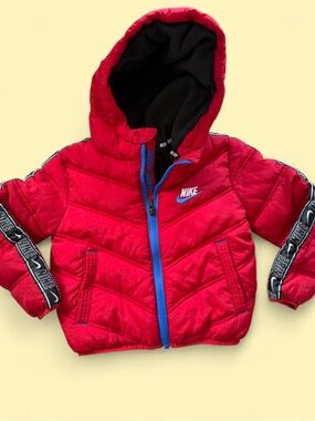 Nike Red Quilted Hooded Puffer with Black Branded Sleeve Tape